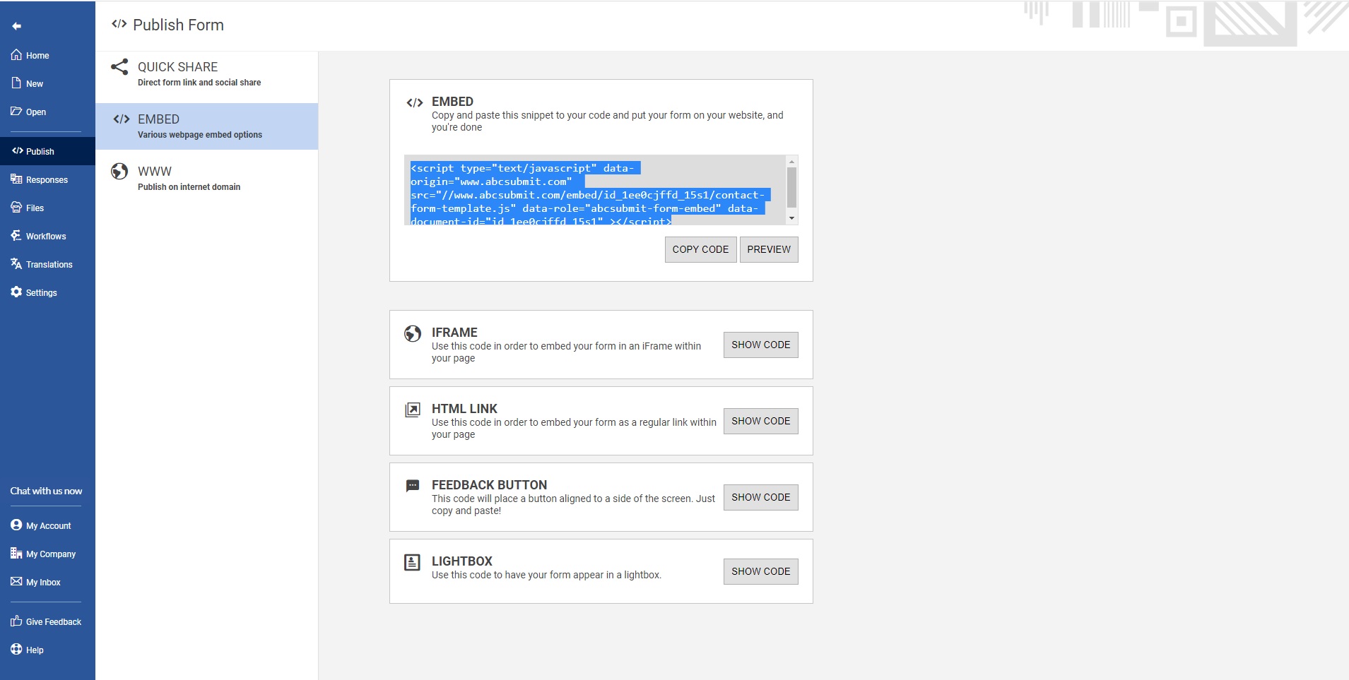 Get your form's JavaScript embed code from AbcSubmit Form Builder.