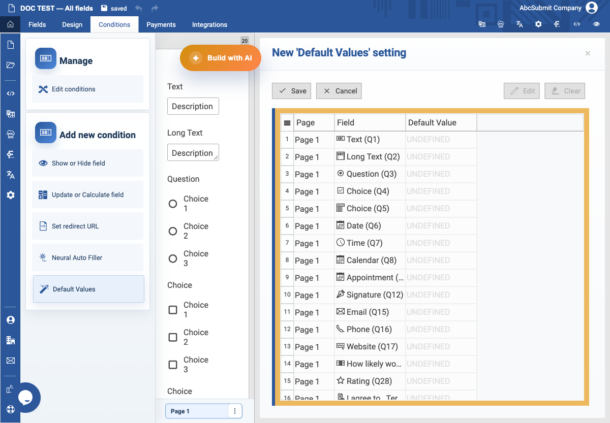 Default Values builder in the v2 editor.
