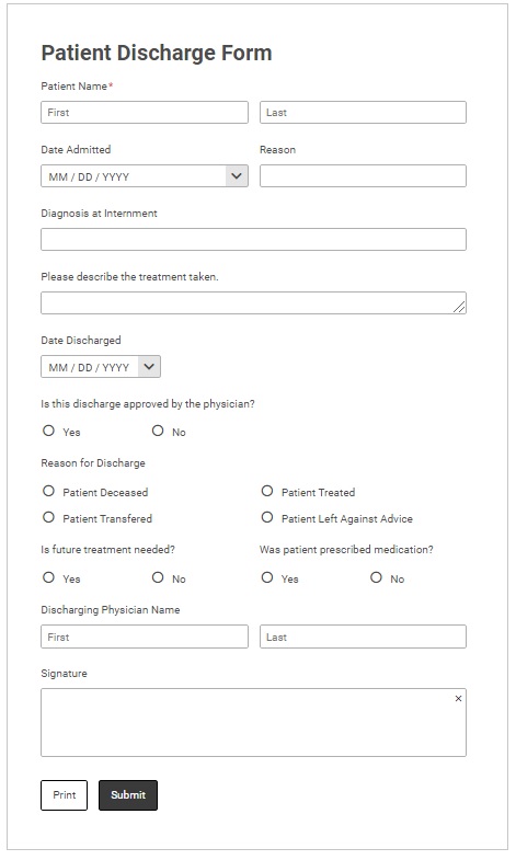 Online form before conversion to a fillable PDF
